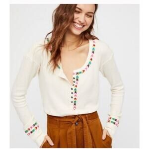 Free People Rainbow Embroidered Thermal Henley Long Sleeve sz M